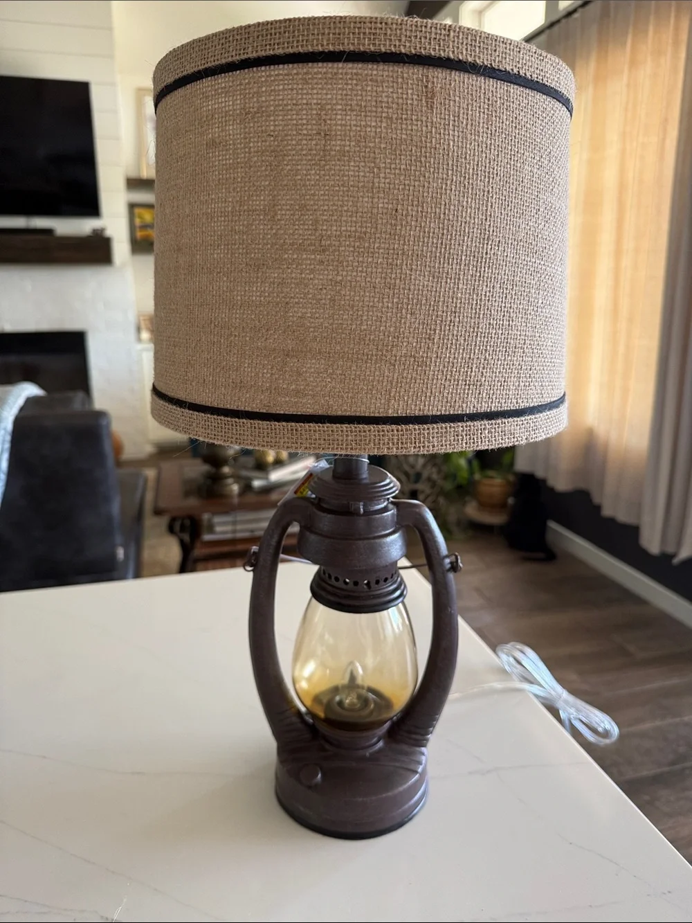 Vintage Rustic Brown Lantern Table Lamp with Beige Burlap Shade